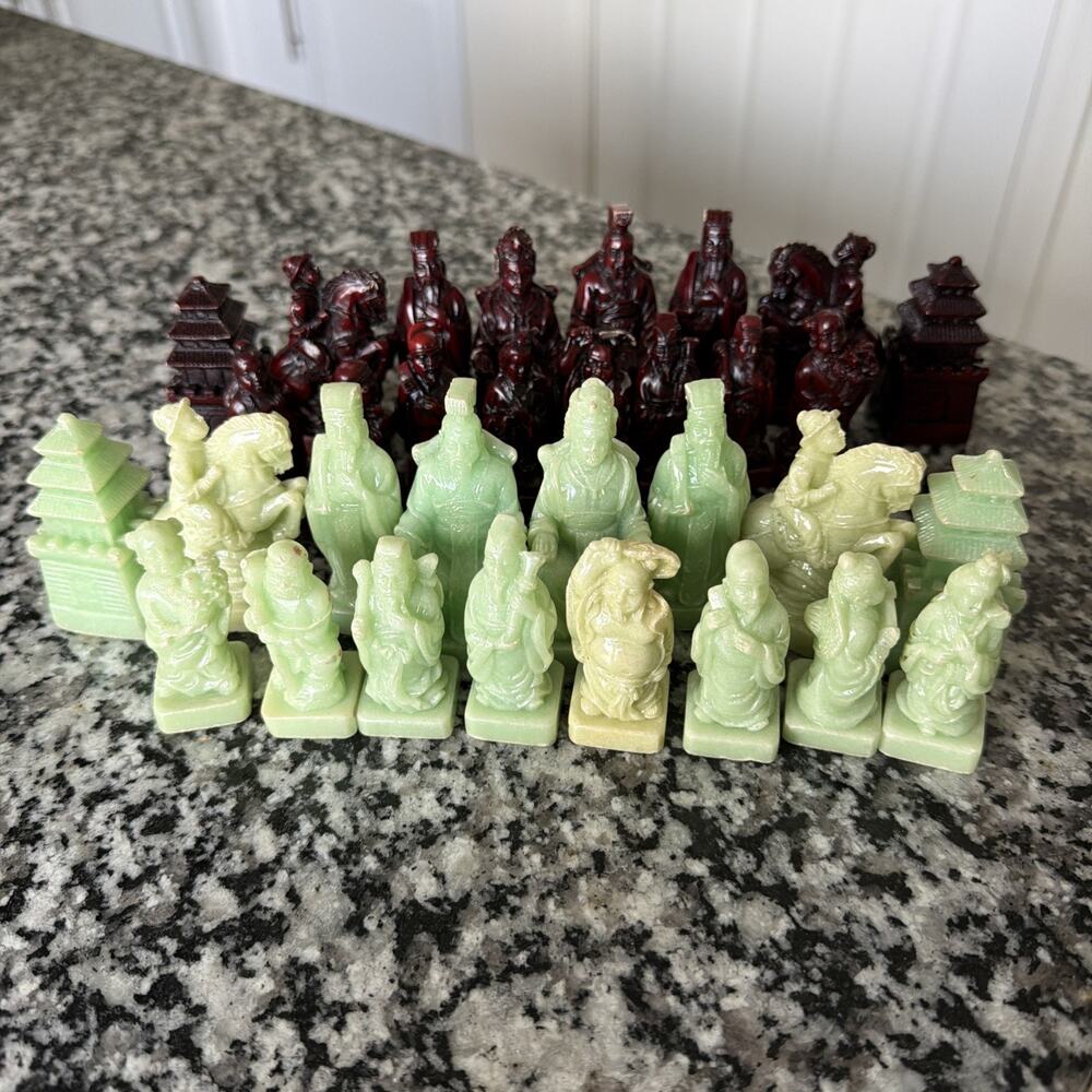 VINTAGE CHINESE CHESS SET Faux Jade And Wood 32 Pieces No Board Minor chips